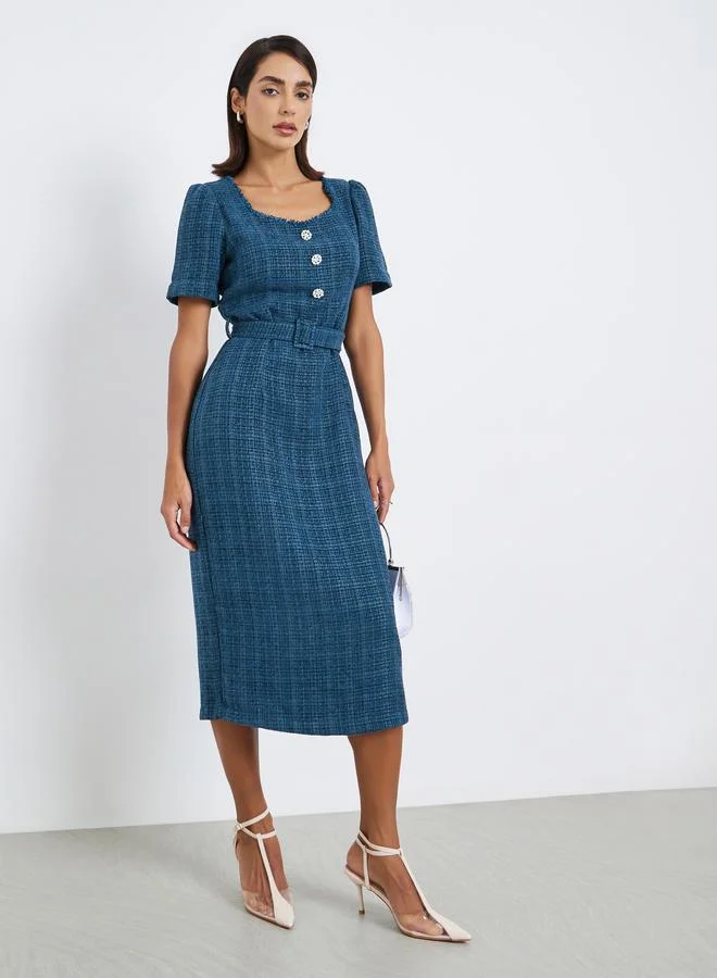 Fabric belt as image trim at neck Half Sleeves Sheath Midi Dress