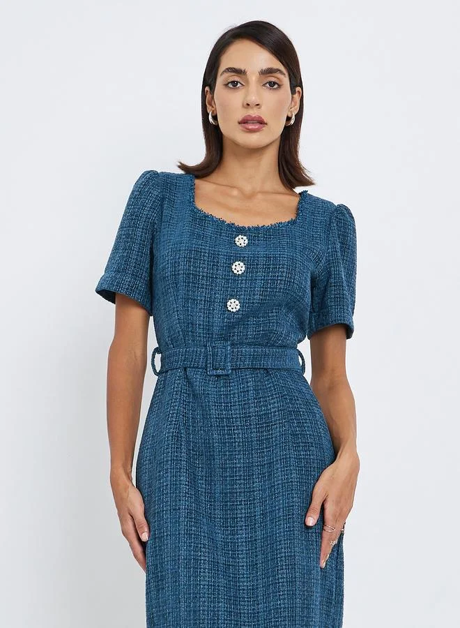 Styli Fabric belt as image trim at neck Half Sleeves Sheath Midi Dress