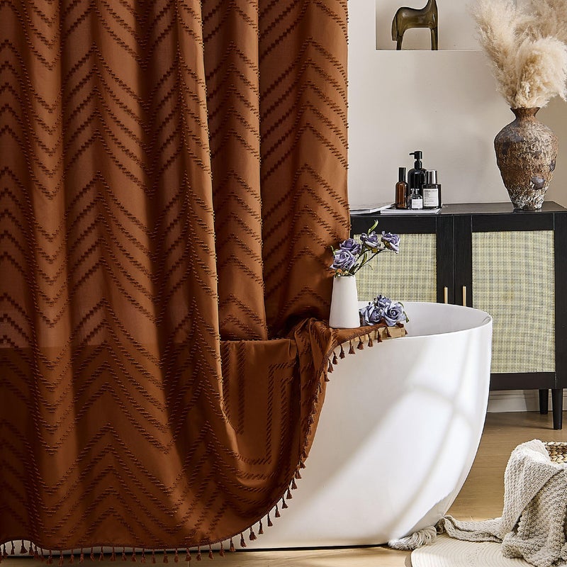 Siiluminisoy Orange Shower Curtain Vintage Boho Shower Curtain Textured Tufted Chevron Rust Shower Curtains for Bathroom 72 x 72