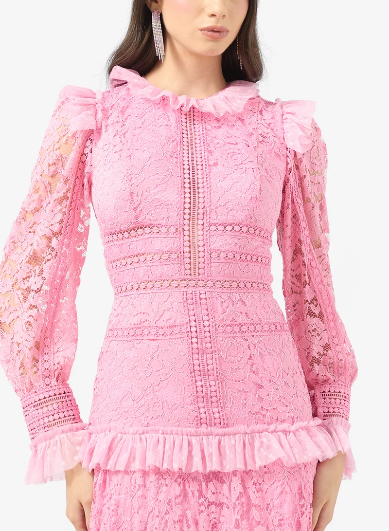 Ginger Boutique Mock Neck Lace Openwork Tiered Dress