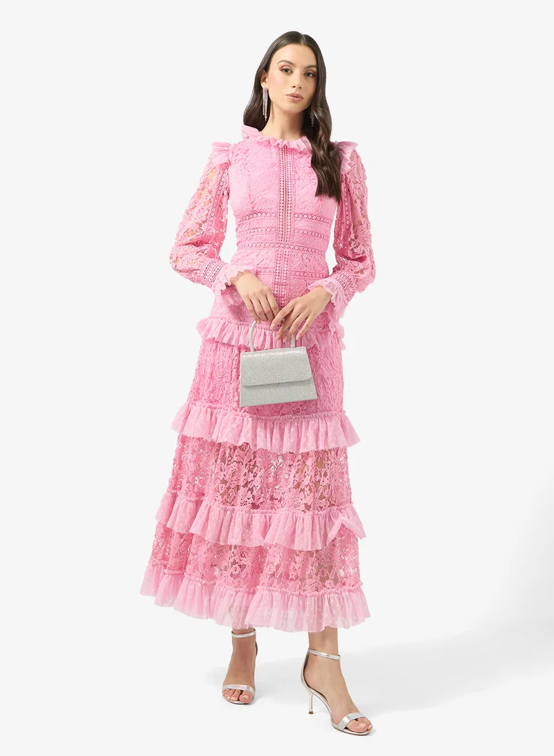 Ginger Boutique Mock Neck Lace Openwork Tiered Dress