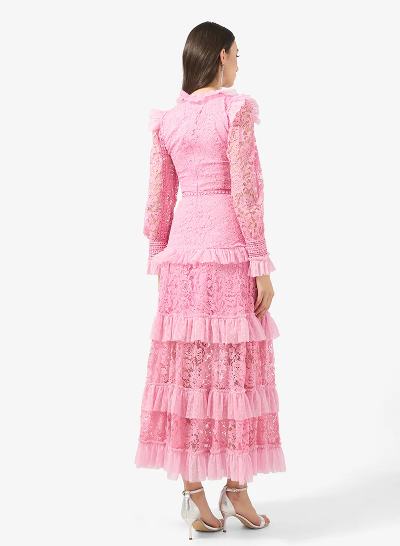 جينجر بوتيك Mock Neck Lace Openwork Tiered Dress
