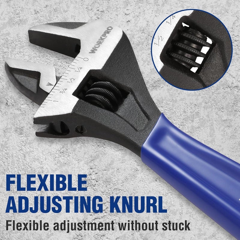 WORKPRO طقم مفاتيح قابلة للتعديل مكون من 4 قطع، مفاتيح 6 بوصات و 8 بوصات و 10 بوصات و 12 بوصة، مفتاح بفك عريض مطلي بأكسيد الأسود، مقاييس متري و SAE، فولاذ Cr-V، للاستخدام المنزلي، المرآب، ورشة العمل - Image 4