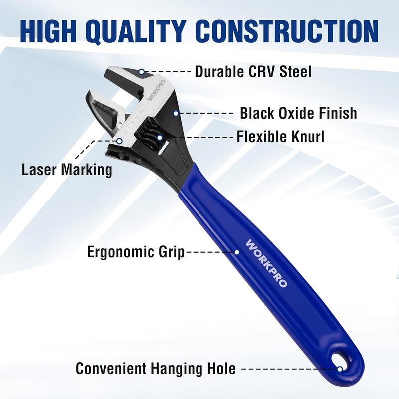 WORKPRO طقم مفاتيح قابلة للتعديل مكون من 4 قطع، مفاتيح 6 بوصات و 8 بوصات و 10 بوصات و 12 بوصة، مفتاح بفك عريض مطلي بأكسيد الأسود، مقاييس متري و SAE، فولاذ Cr-V، للاستخدام المنزلي، المرآب، ورشة العمل - Image 2