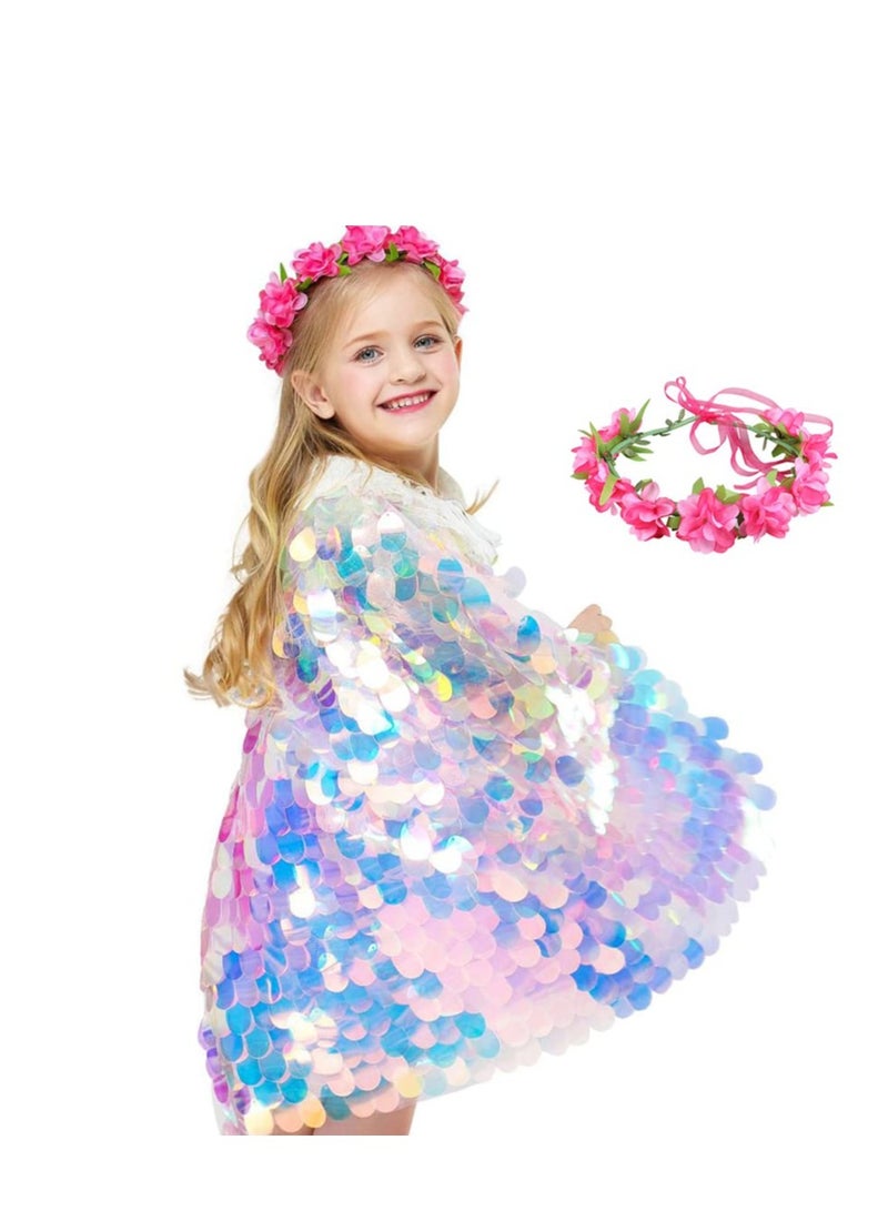 Rainbow Princess Cape for Girls, Children's Ribbon Simulation Wreath, Beach Headwear, Dress Up Accessories 5T-8Y, Mermaid Sequin Cloak, Kids Party Clothes (2PCS) - Image 1