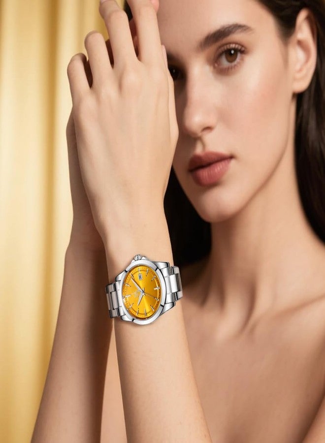 SHENGKE Minimalist Quartz Watches for Women with Date Stainless Steel Strap and Color Dial Fashion, Silver-Yellow, Bracelet - Image 2