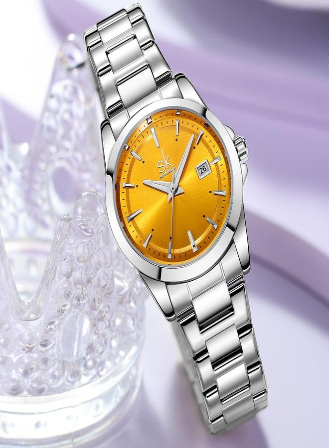 SHENGKE Minimalist Quartz Watches for Women with Date Stainless Steel Strap and Color Dial Fashion, Silver-Yellow, Bracelet - Image 4