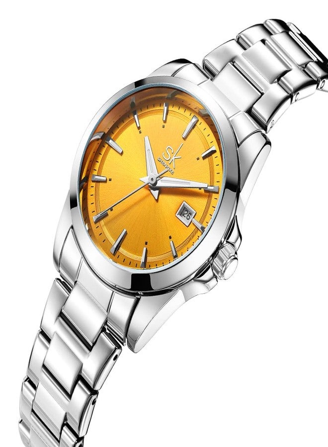 SHENGKE Minimalist Quartz Watches for Women with Date Stainless Steel Strap and Color Dial Fashion, Silver-Yellow, Bracelet - Image 3