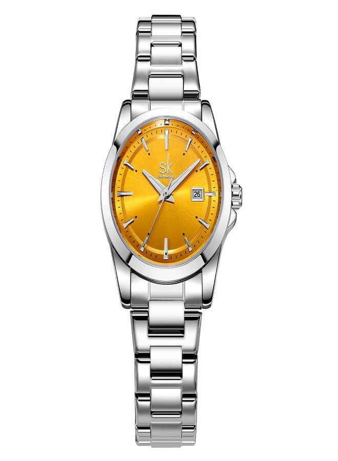 SHENGKE Minimalist Quartz Watches for Women with Date Stainless Steel Strap and Color Dial Fashion, Silver-Yellow, Bracelet - Image 1