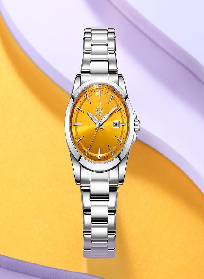 SHENGKE Minimalist Quartz Watches for Women with Date Stainless Steel Strap and Color Dial Fashion, Silver-Yellow, Bracelet - Image 5