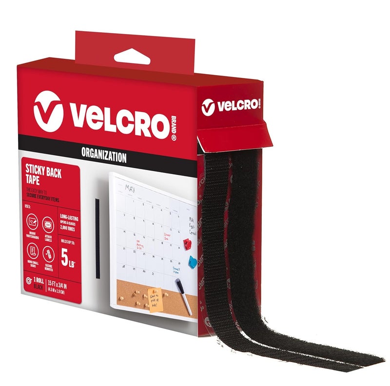 Velcro شريط لاصق خلفي من العلامة التجارية | تنظيم الفصول الدراسية والمكاتب | شريط أسود بطول 15 قدم وعرض 3/4 بوصة - Image 1