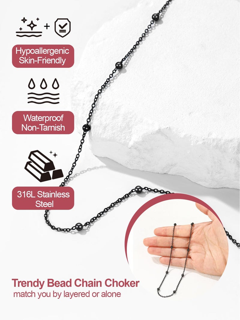FOCALOOK Satellite Choker Necklaces for Women, Black Metal Beaded Chain Dainty Boho Short Stacked Necklace Thin Black Chain - Image 2