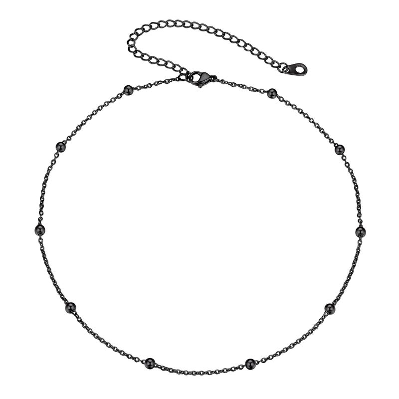 FOCALOOK Satellite Choker Necklaces for Women, Black Metal Beaded Chain Dainty Boho Short Stacked Necklace Thin Black Chain - Image 1