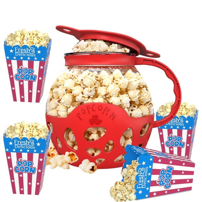 MICROWAVE POPCORN MAKER WITH BOROSILICATE GLASS WITH FULL CUSTOMER SUPPORT FROM 3IN1 LID MEASURES KERNELS AND MELTS BUTTER MADE WITHOUT BPA DISHWASHER SAFE WITH FREE 4 POPCORN BOX