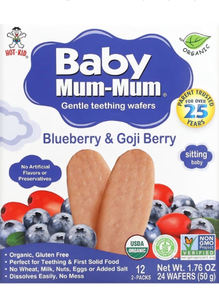 رقائق التسنين اللطيفة للأطفال من Baby Mum-Mum بالتوت الأزرق وتوت الغوجي، 12 عبوة، كل منها مكونة من 2 رقاقة