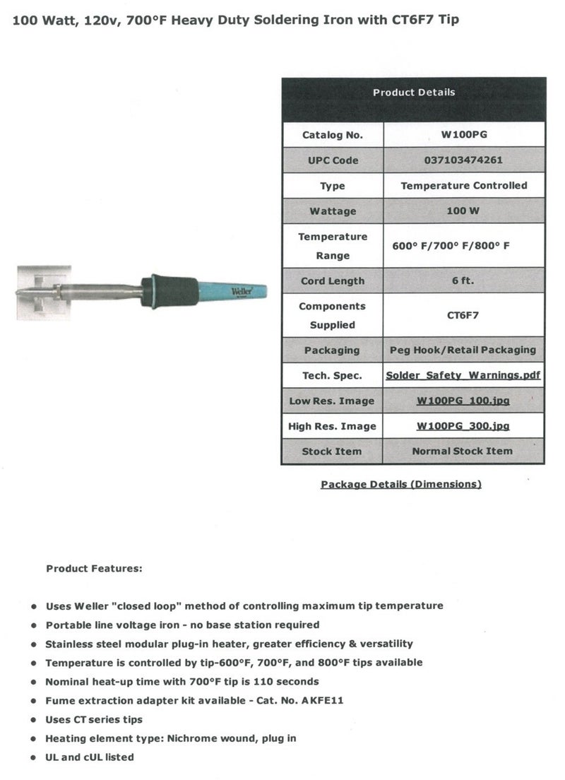 WELLER W100PG Farenheit Heavy Duty Soldering Iron with CT6F7 Tip, 100 Watt, 700 Degree, Original Version - Image 2