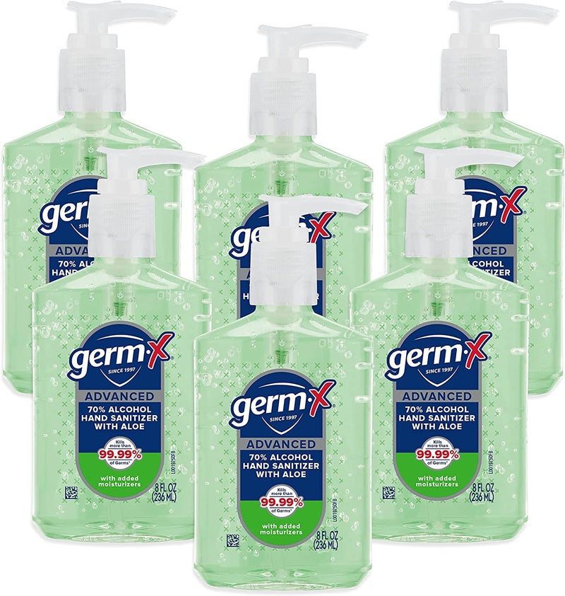 Germx Advanced Hand Sanitizer with Aloe and Vitamin E, 8 Fl Oz (Pack of 6), Less Drying Moisturizing Gel, No Rinse Formula, Pump Bottle - Image 1
