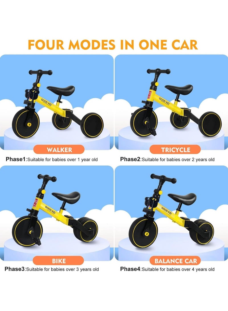 Digi Core دراجة توازن للأطفال 4 في 1، دراجة ثلاثية العجلات للأطفال من عمر 1 إلى 4 سنوات، دراجة ثلاثية العجلات للأطفال الصغار بمقعد قابل للتعديل، لعبة ركوب داخلية وخارجية للأولاد والبنات، هدية مثالية لأعياد الميلاد الأولى للأطفال، دراجة أطفال صفراء - Image 3