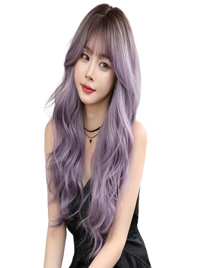 AIKO PRO 24 Inches Long Wavy Curly Wig for Women Purple Gray Synthetic Hair Natural Curly Wig With Airy Bangs Party Cosplay Wig, Ombre Purple - Image 1