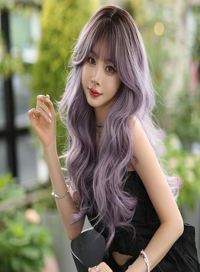 AIKO PRO 24 Inches Long Wavy Curly Wig for Women Purple Gray Synthetic Hair Natural Curly Wig With Airy Bangs Party Cosplay Wig, Ombre Purple - Image 2