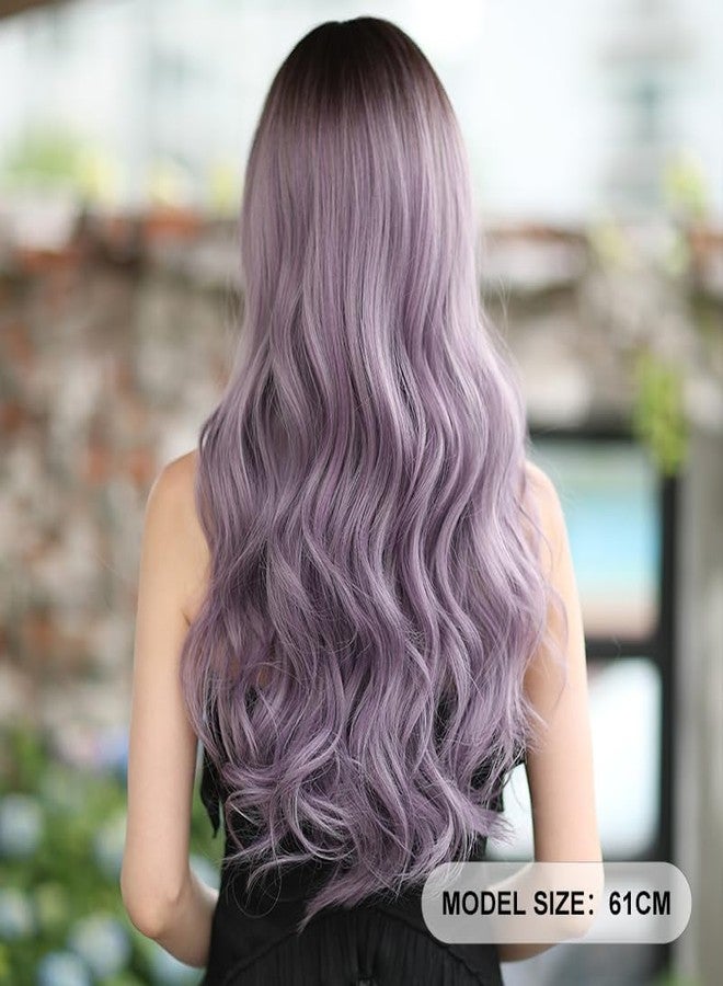 AIKO PRO 24 Inches Long Wavy Curly Wig for Women Purple Gray Synthetic Hair Natural Curly Wig With Airy Bangs Party Cosplay Wig, Ombre Purple - Image 4