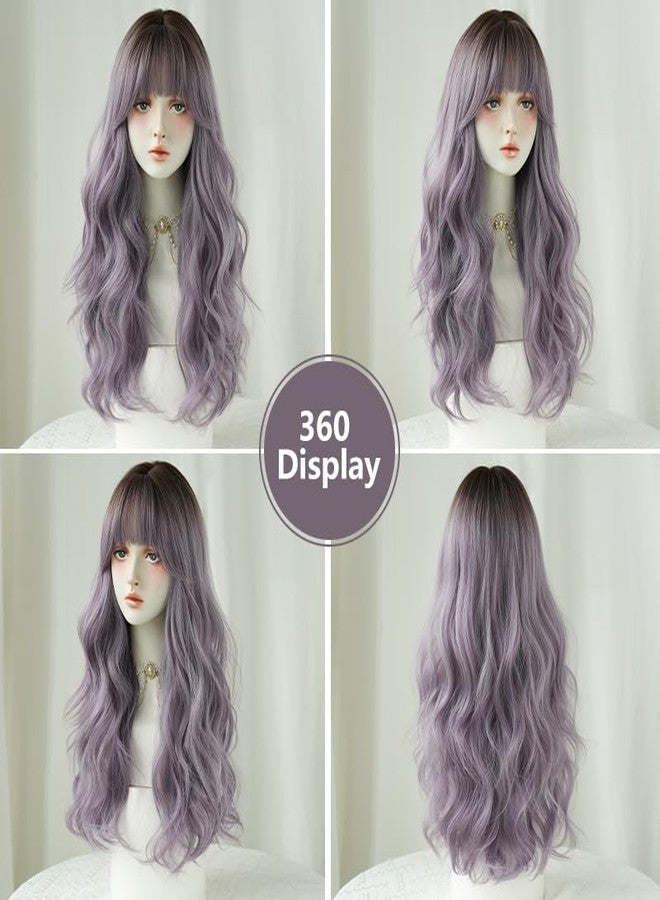 AIKO PRO 24 Inches Long Wavy Curly Wig for Women Purple Gray Synthetic Hair Natural Curly Wig With Airy Bangs Party Cosplay Wig, Ombre Purple - Image 5