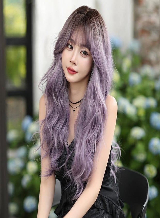 AIKO PRO 24 Inches Long Wavy Curly Wig for Women Purple Gray Synthetic Hair Natural Curly Wig With Airy Bangs Party Cosplay Wig, Ombre Purple - Image 3