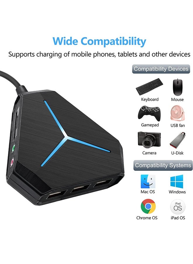 10-Port USB Hub 3.0/2.0,USB C Vertical Data With 3.2ft/1m Long Cord,TF/SD Card Reader,Headphones/Mic Port,Exrension For PC,Mac,PS4/5,Flash Drive,Printer,Camera,Keyborad,Mouse