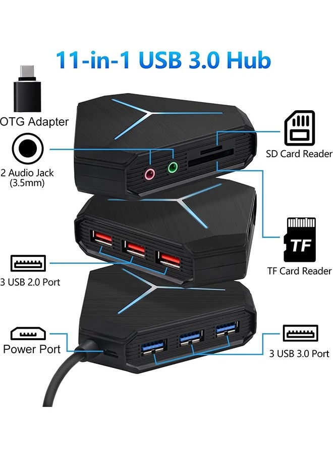 UNUNS 10-Port USB Hub 3.0/2.0,USB C Vertical Data With 3.2ft/1m Long Cord,TF/SD Card Reader,Headphones/Mic Port,Exrension For PC,Mac,PS4/5,Flash Drive,Printer,Camera,Keyborad,Mouse  - Image 3