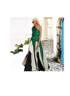 NIBEMINENT Spring Summer One Shoulder Dresses Women Splicing Print Off Shoulder Loose Long Dress Fashion Ladies Commuting Vestidos  - Image 1