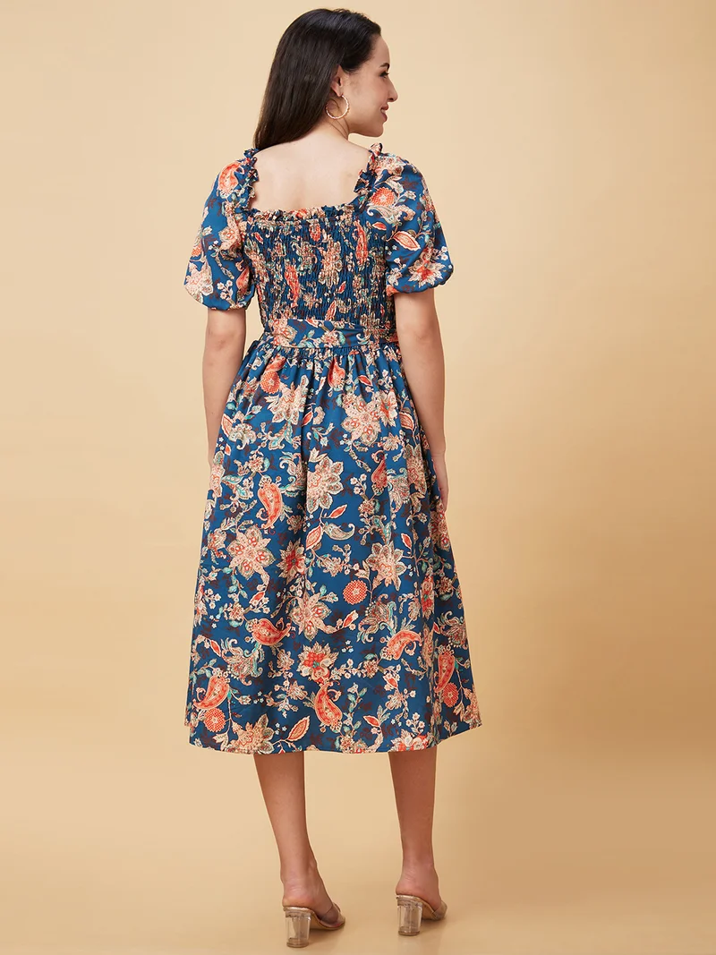 جلو باص Women Teal & Red Floral Printed Smocked Detailed Puff Sleeves Fit & Flare Dress