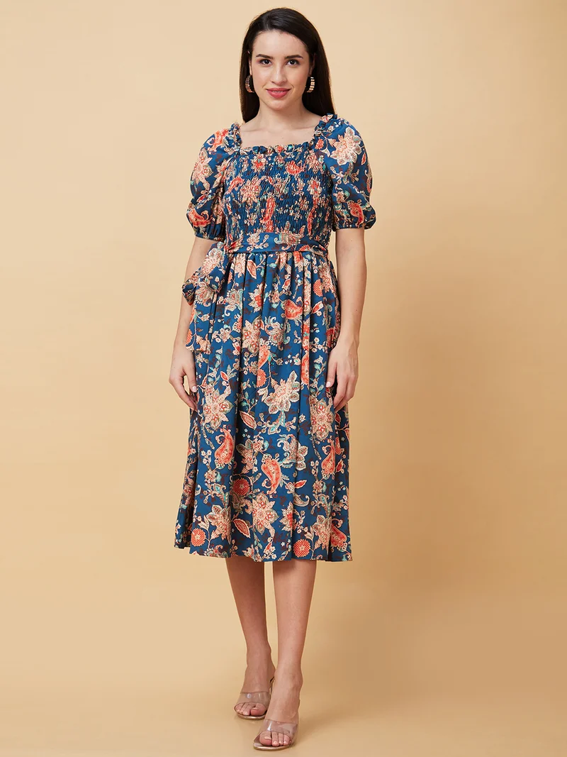 جلو باص Women Teal & Red Floral Printed Smocked Detailed Puff Sleeves Fit & Flare Dress