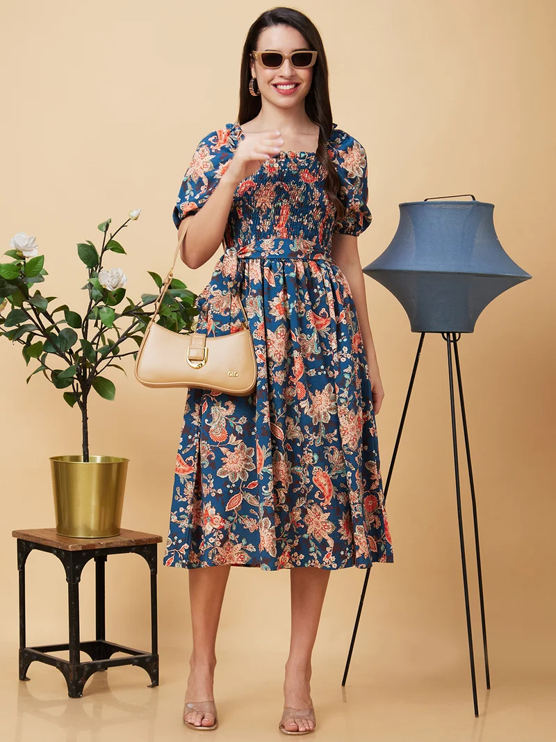 جلو باص Women Teal & Red Floral Printed Smocked Detailed Puff Sleeves Fit & Flare Dress