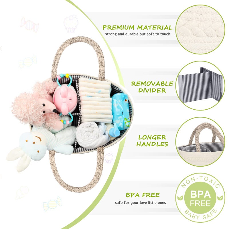 Maliton Diaper Caddy Organizer for Baby, Cotton Rope Baby Gift Basket, Portable Diaper Organizer for changing table, Diaper Nursery Storage Organizer for Baby Stuff, Baby Shower Gifts for Newborn - Image 4