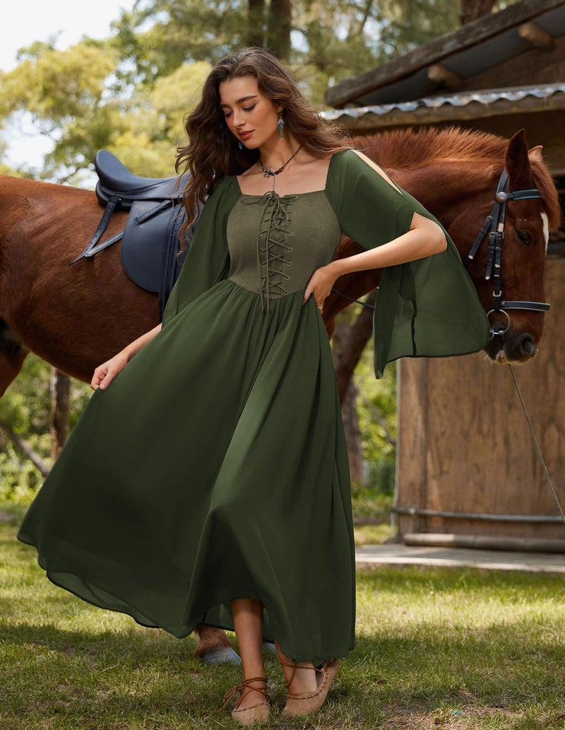Scarlet Darkness Renaissance Costume Women Green Medieval Costume Peasant Cottagecore Elf Fairy Dress Olive Green 2XL - Image 2