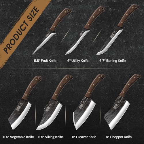 HOSHANHO Butcher Knife Set, Hand Forged Butcher Chef Knife Set with Roll Bag, Sharp Meat Cleaver Knife & Bone Chopper Knives & Fillet Knives for Home & Camping & BBQ Gift with Men - Image 2