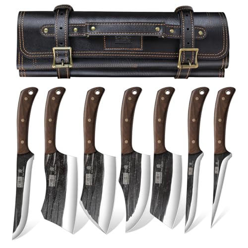 HOSHANHO Butcher Knife Set, Hand Forged Butcher Chef Knife Set with Roll Bag, Sharp Meat Cleaver Knife & Bone Chopper Knives & Fillet Knives for Home & Camping & BBQ Gift with Men - Image 1