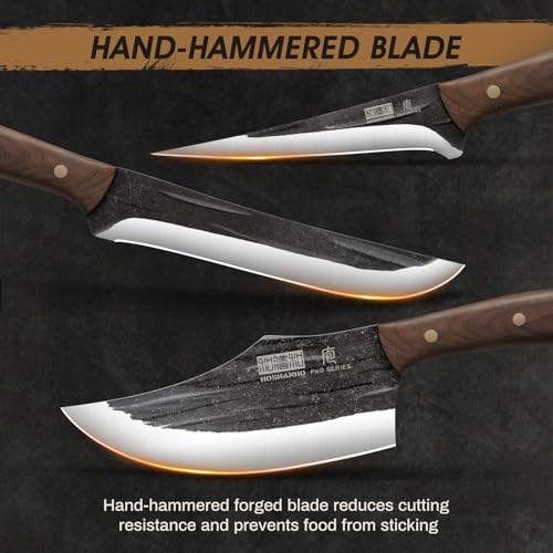 HOSHANHO Butcher Knife Set, Hand Forged Butcher Chef Knife Set with Roll Bag, Sharp Meat Cleaver Knife & Bone Chopper Knives & Fillet Knives for Home & Camping & BBQ Gift with Men - Image 3