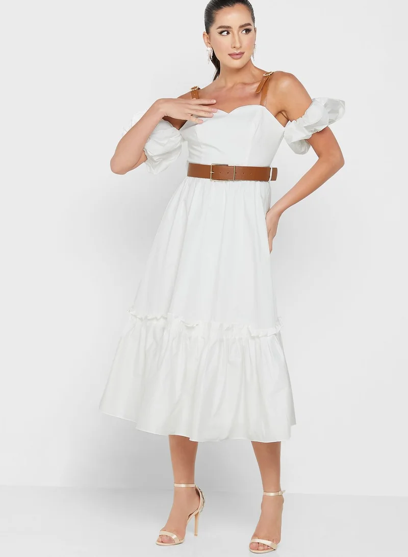 Femi9 Balloon Sleeve Tiered Belted Dress
