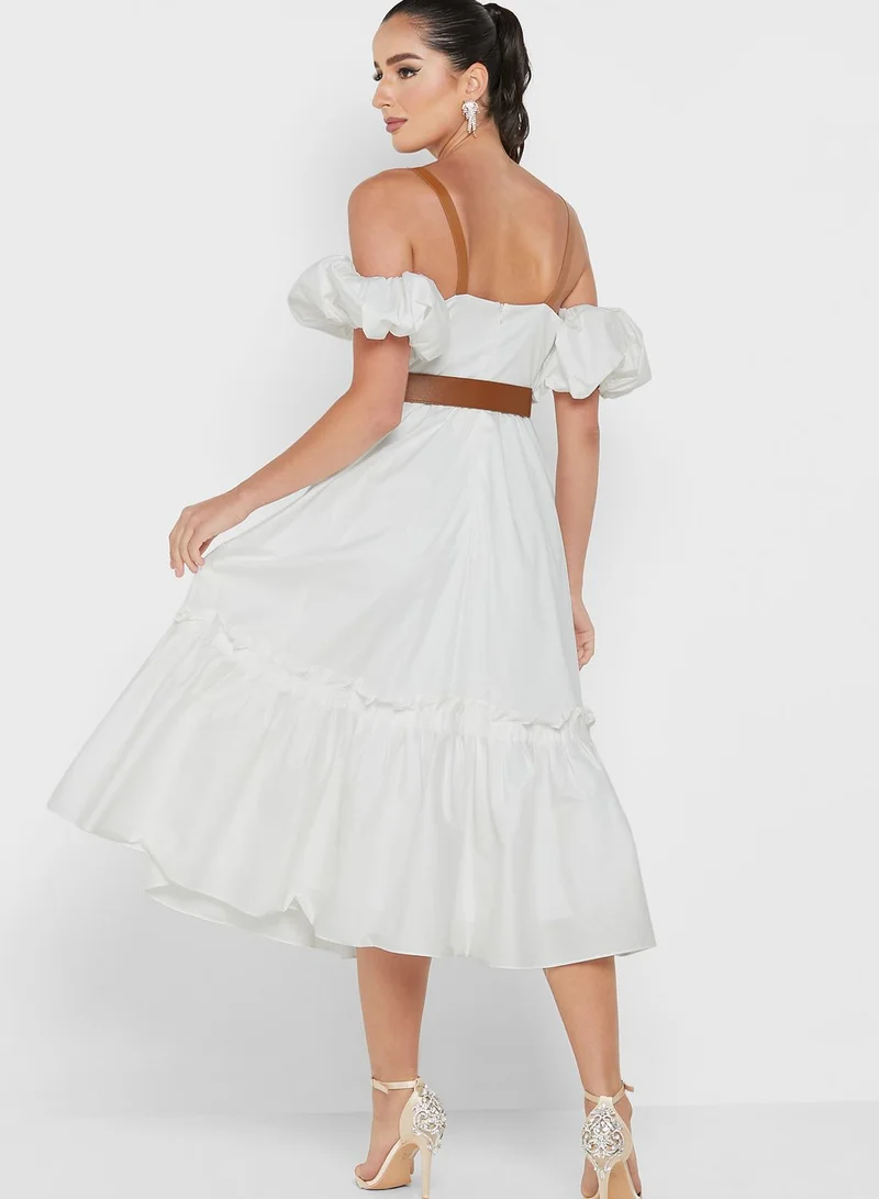 Femi9 Balloon Sleeve Tiered Belted Dress