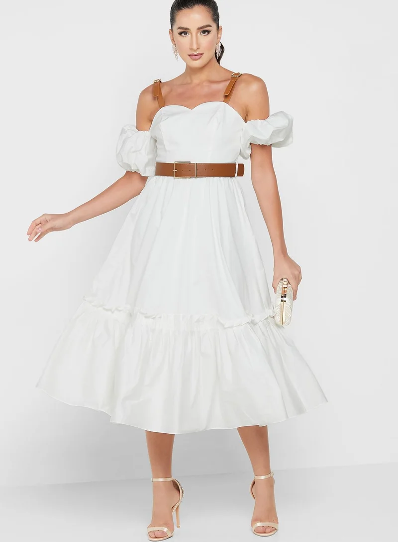 Femi9 Balloon Sleeve Tiered Belted Dress