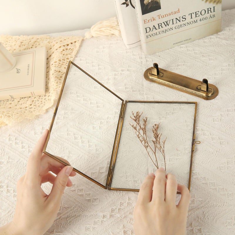 Goutangen 4x6 Brass Floating Frame Vintage Gold Picture Frames, Double Glass Pressed Flower Frame with Metal Stand, Tabletop Shelf Photo Frame Decor for Wedding Home Office - Image 4