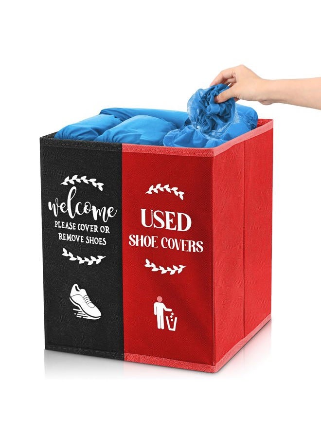 Singhoow Shoe Cover Box Dispenser Foldable Storage Bin Holder with Used Shoe Covers and Welcome Please or Remove Sign for Open House Supplies(Black, Red) - Image 1
