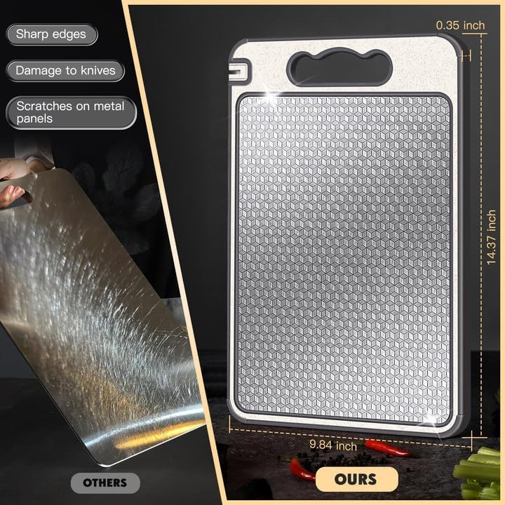 RATAVA Double-Sided Stainless Steel Chopping Board with Knife Sharpener Large Heavy-Duty Cutting Board Wheat Straw, Non-Slip, Easy to Clean for Vegetables, Fruits & Meat 1PC - Image 2