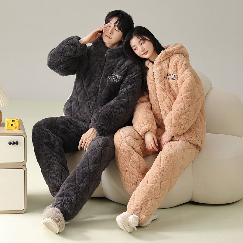 Couple Pajamas Women'S Winter Coral Fleece Three-Layer Cotton-Padded Jacket Hooded Thickened Fleece-Lined Men'S Flannel Home Clothes Suit - Image 3