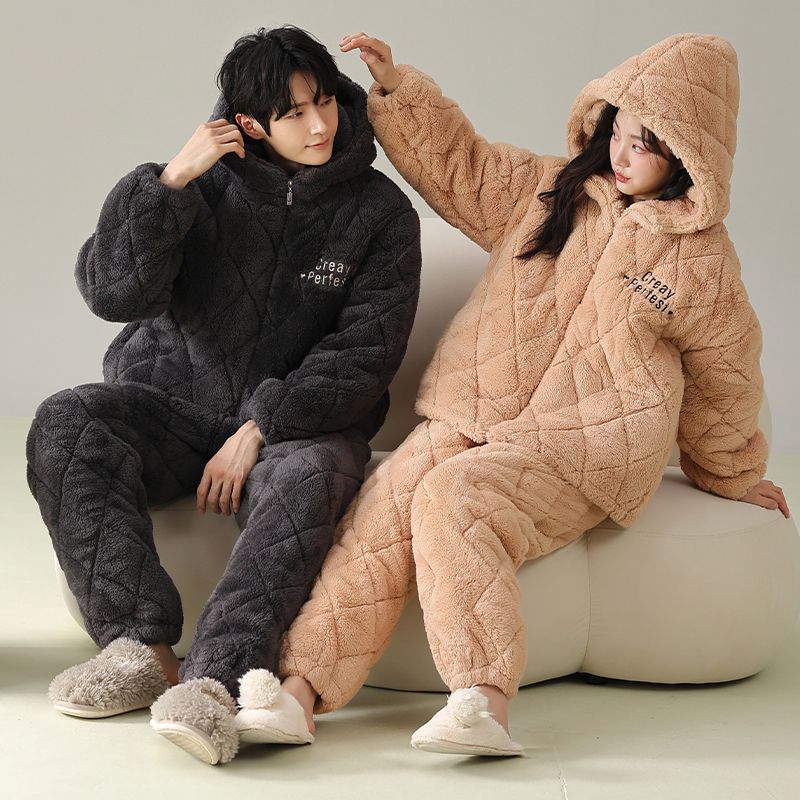 Couple Pajamas Women'S Winter Coral Fleece Three-Layer Cotton-Padded Jacket Hooded Thickened Fleece-Lined Men'S Flannel Home Clothes Suit - Image 2