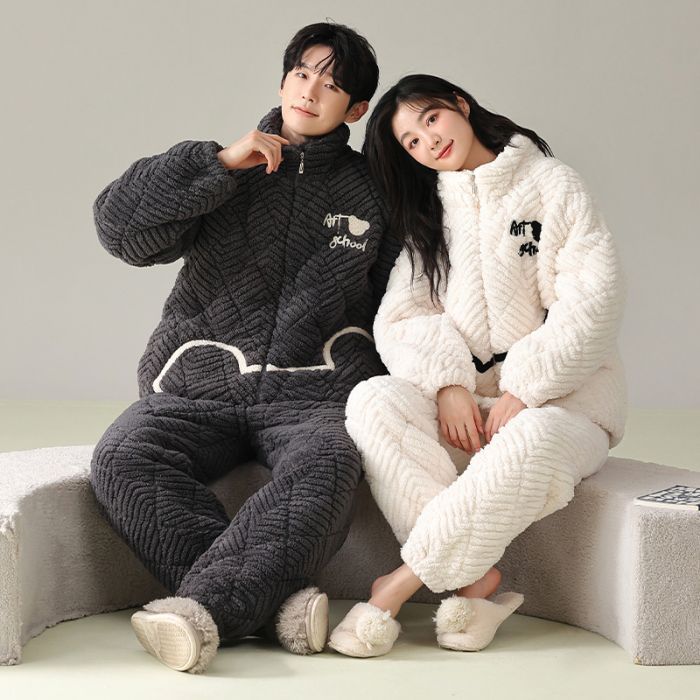 Couple Pajamas Women'S Winter Coral Fleece Three-Layer Cotton-Padded Jacket Hooded Thickened Fleece-Lined Men'S Flannel Home Clothes Suit - Image 1