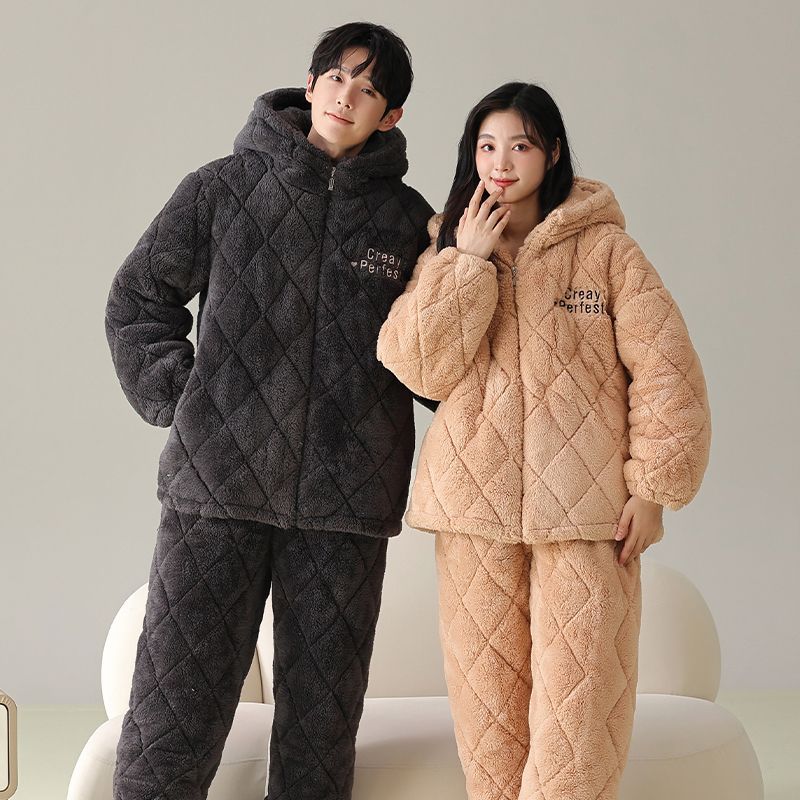 Couple Pajamas Women'S Winter Coral Fleece Three-Layer Cotton-Padded Jacket Hooded Thickened Fleece-Lined Men'S Flannel Home Clothes Suit - Image 5