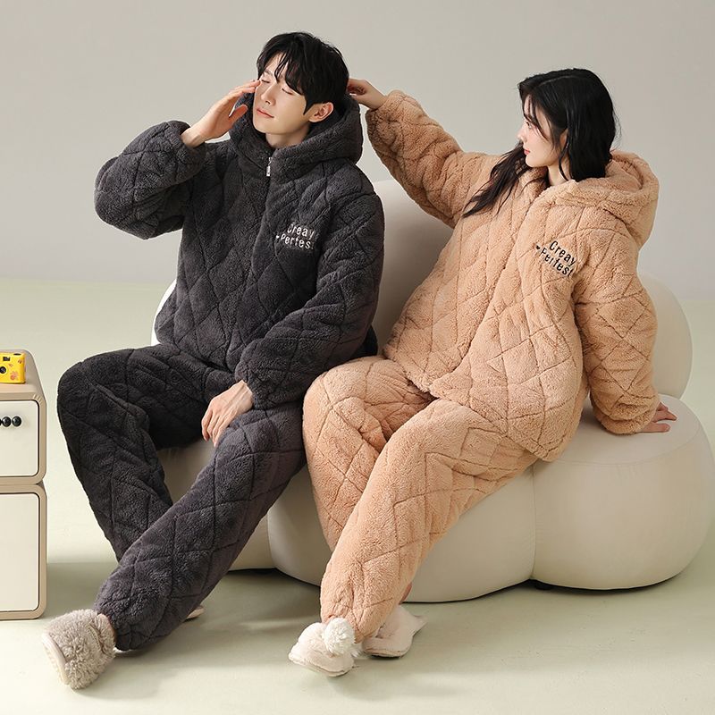 Couple Pajamas Women'S Winter Coral Fleece Three-Layer Cotton-Padded Jacket Hooded Thickened Fleece-Lined Men'S Flannel Home Clothes Suit - Image 4
