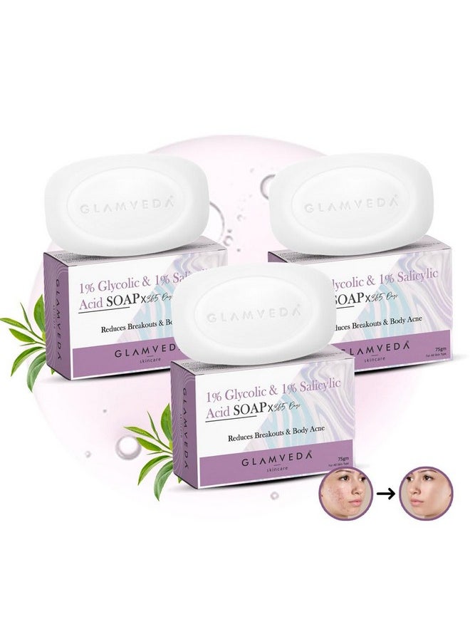 Glamveda - Anti Acne 1% Ww Glycolic Acid & 1% Ww Salicylic Acid Soap | Reduces Dark Spots, Acne Scars & Hyperpigmentation (Pack Of 3) - Image 1